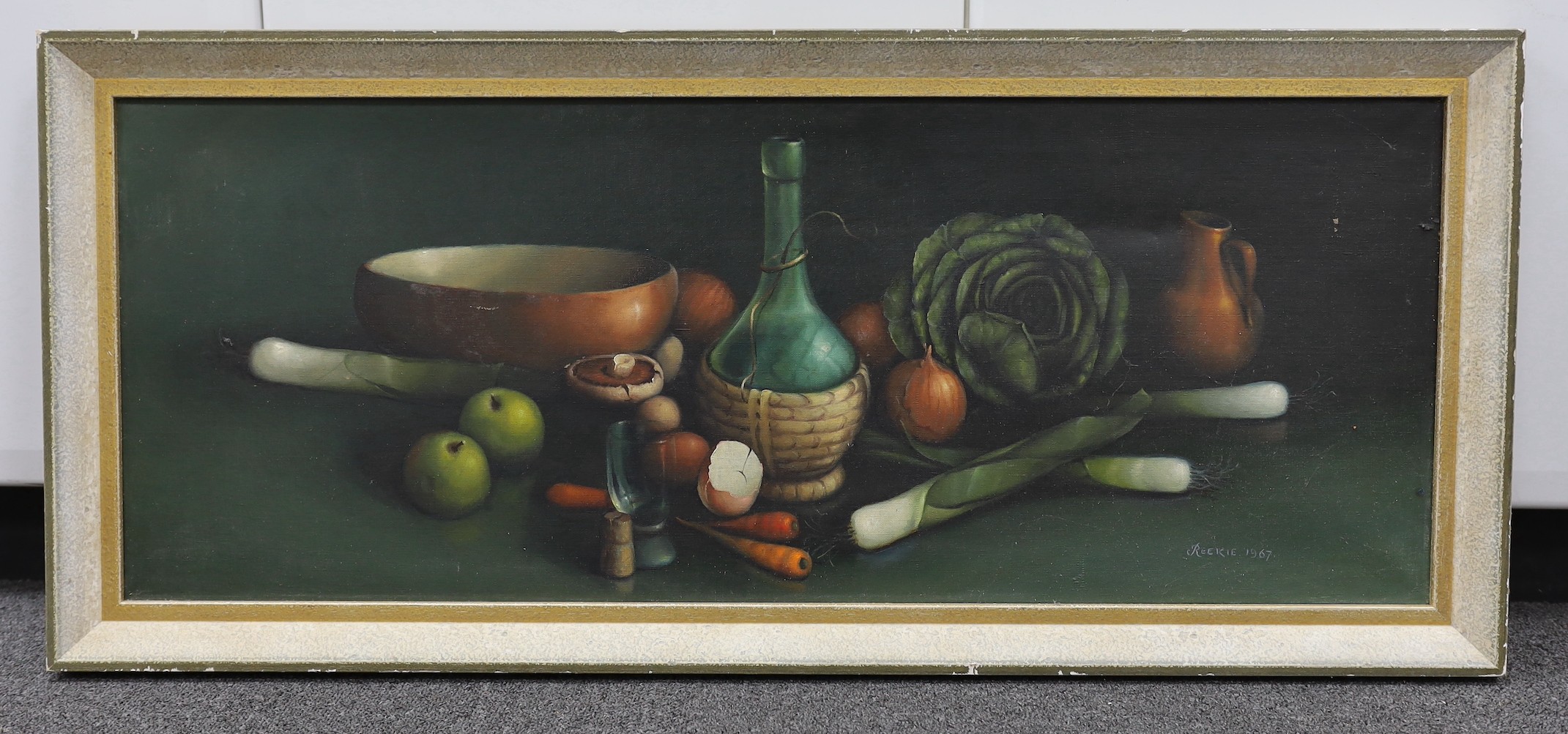G.L. Reekie, oil on canvas, Earthenware bowl with Chianti bottle, signed and dated 1967, Stacy Marks label verso, 35 x 90cm